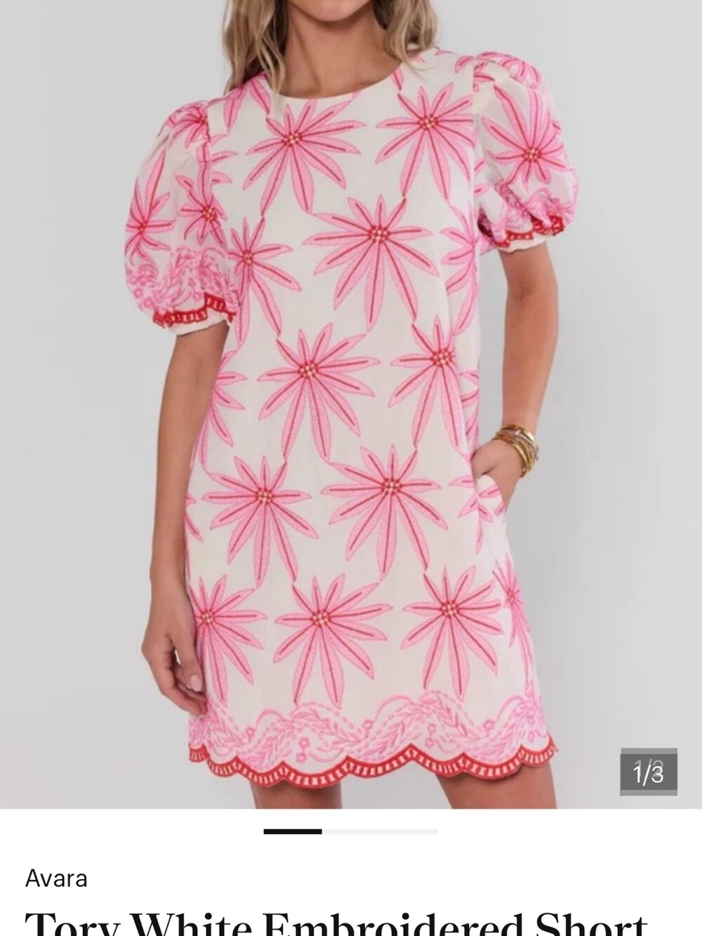 Avara Tory White Mini Dress with Pink Floral Embroidery